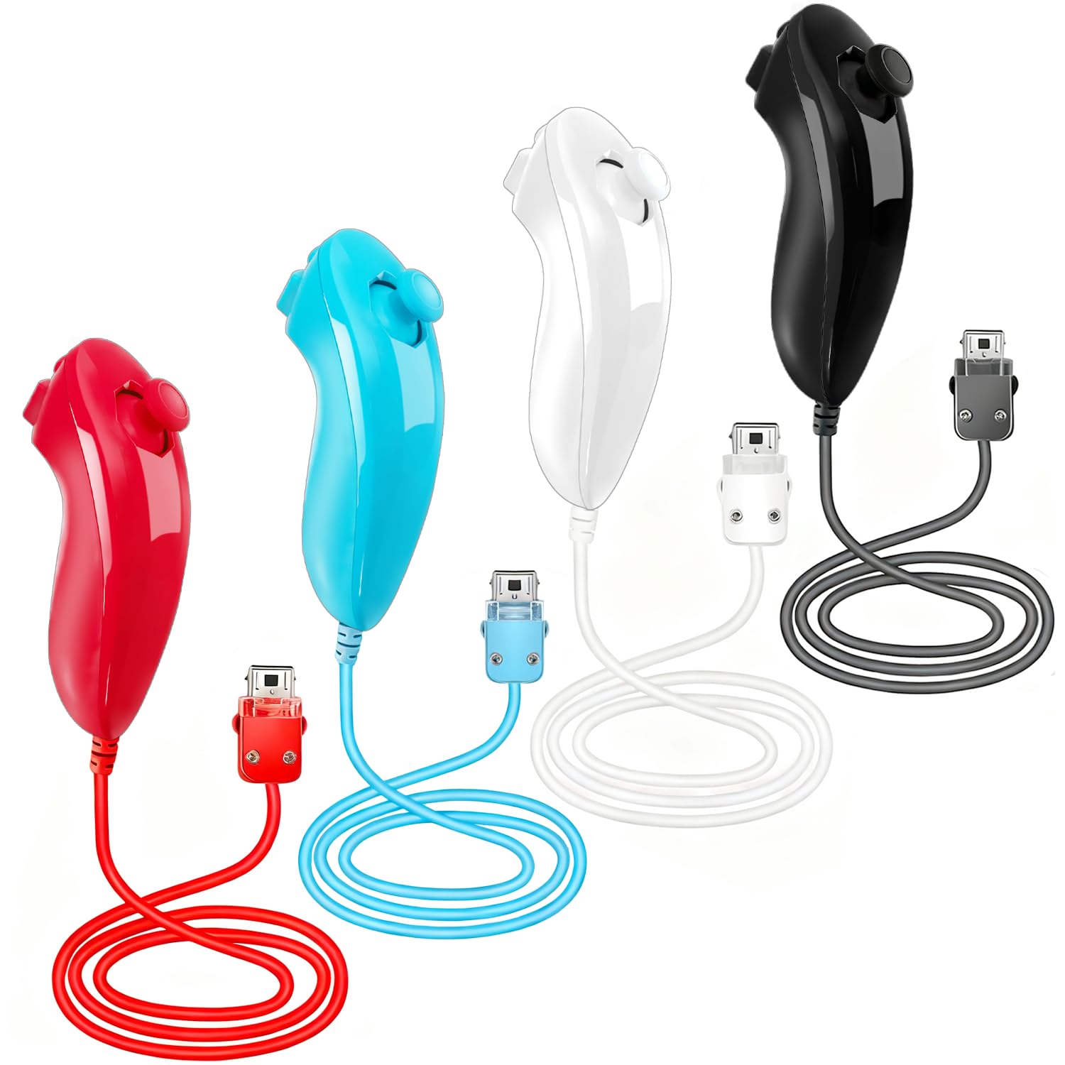 DTianSir 4PCS Wii Nunchuck Controllers WiiU Remote Joystick Compatible with Wii/Wii U Game Gamepads(Black+White+Blue+Red)