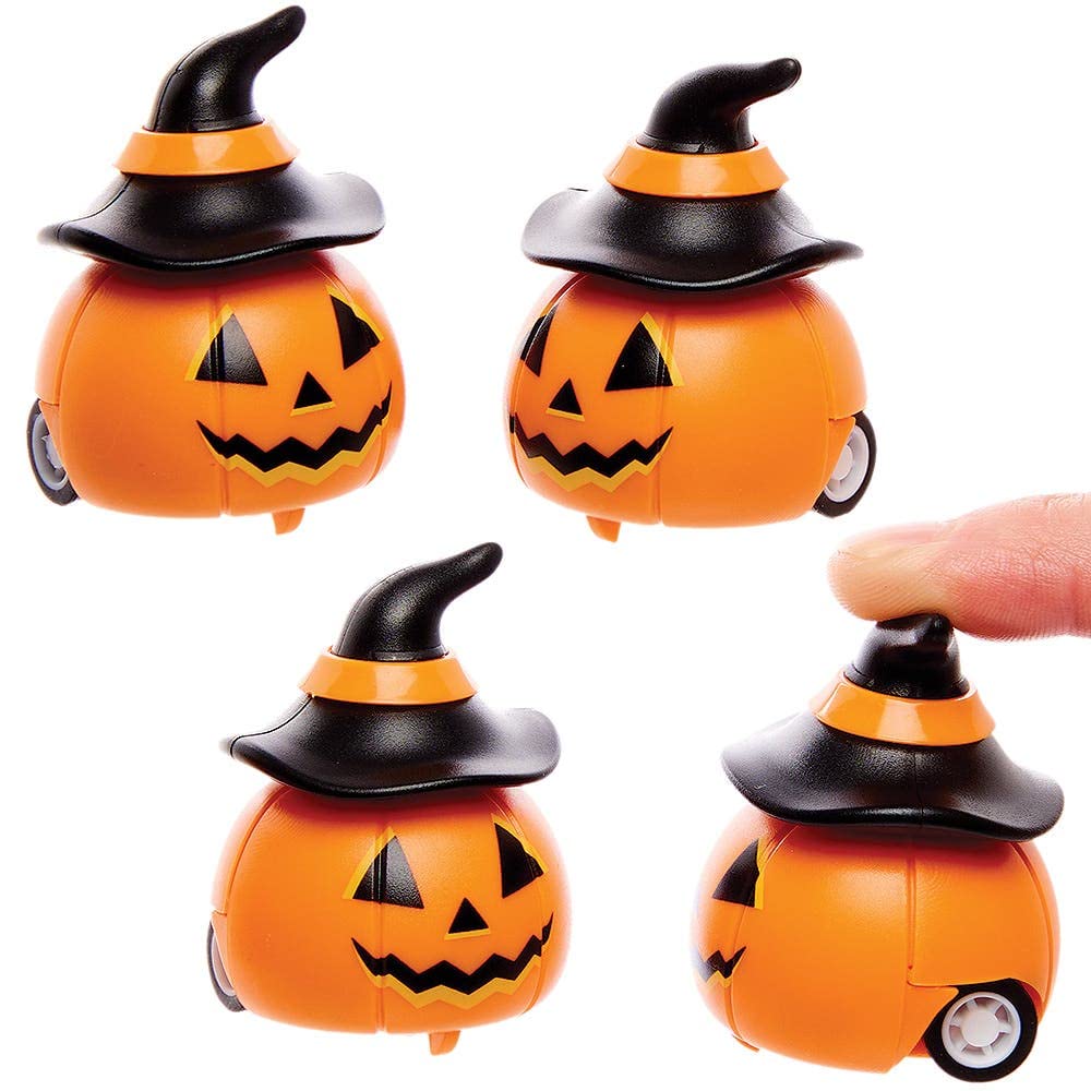 Baker Ross FX446 Pumpkin Pull Back Racers - Pack of 5, Party Bag Fillers for Kids Halloween Parties, Party Bag Toy and Favour