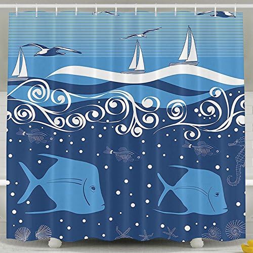 XsWu Seagulls Underwater Illustration With Tropical Fish Sailboats Curling Waves Birds And Sea Life Shower Curtain Bath Curtain With Hooks 60x72