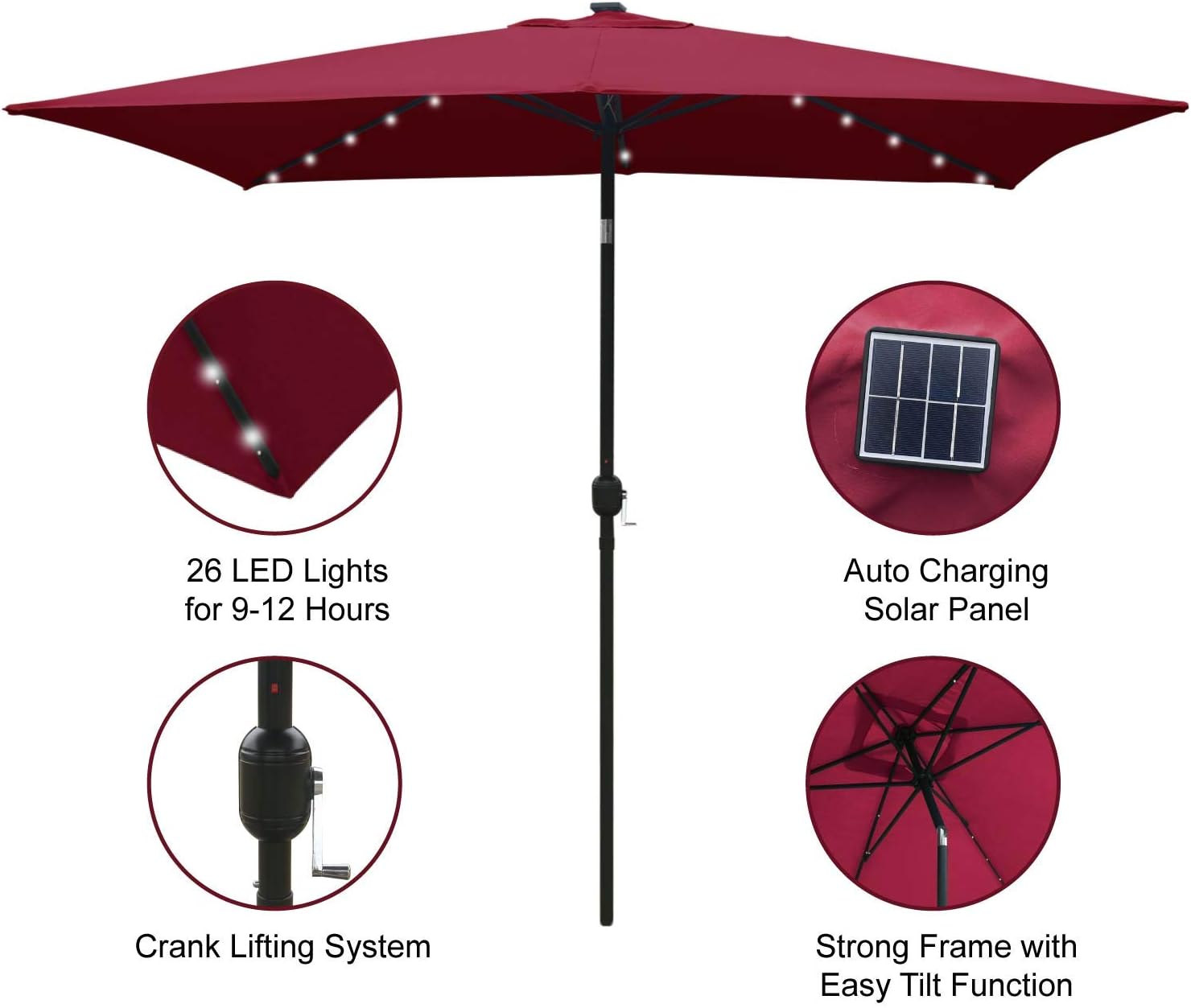 Burgundy Abccanopy Rectangular Patio Umbrella Solar Powered Outdoor Umbrellas Market Table Umbrella With 26 Led Lights