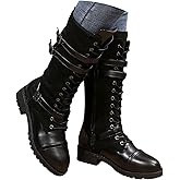 Women's Mid Calf Boots Lace up Combat Boots Fashion Buckle Belt Round Toe Chunky Heels Side Zipper Denim Leather Riding Motorcycle Long Boot Fall Winter Low Heels Vintage Casual Booties