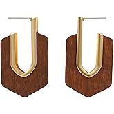 Boho Wooden Dangle Earrings for Women Vintage Brown Wood Hypoallergenic Alloy Hoop Geometric Teardrop Earrings Golden Lightweight African Style Jewelry