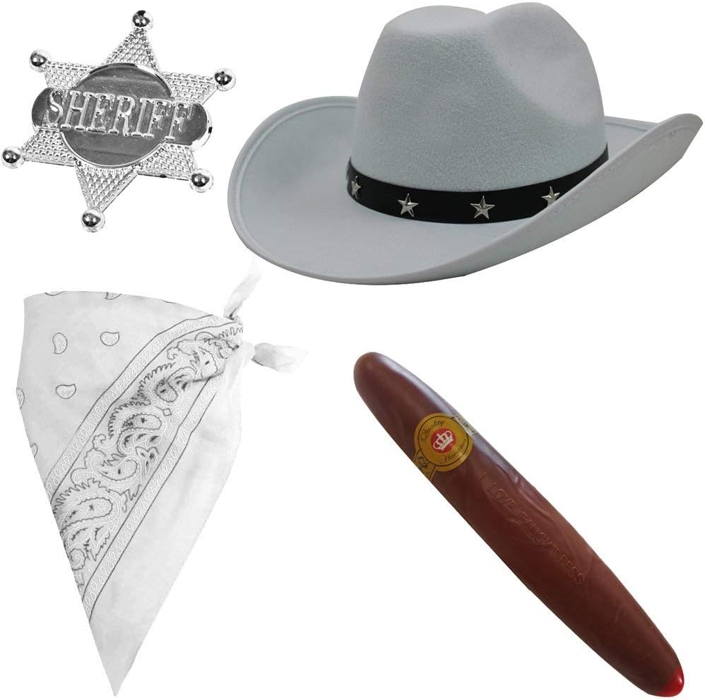 4 PIECE COWBOY FANCY DRESSS ACCESSORIES - COWBOY HAT, PAISLEY BANDANA, CIGAR AND SHERIFF HAT - AVAILABLE IN PINK, BROWN, BLACK AND WHITE