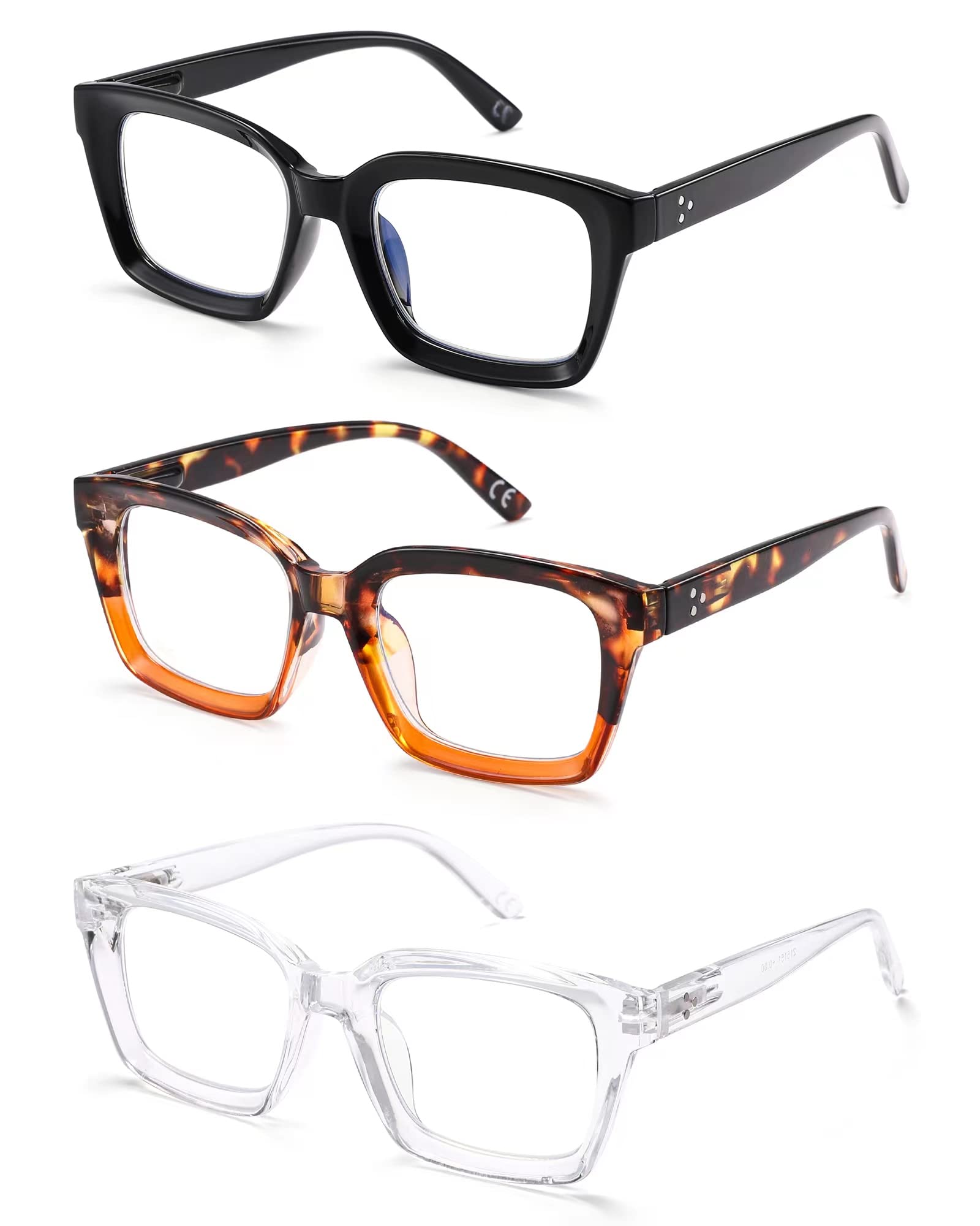 ZUVGEES 3-Pack Oversized Reading Glasses for Women (Black+Leopard+Transparent,0.00) — image 1