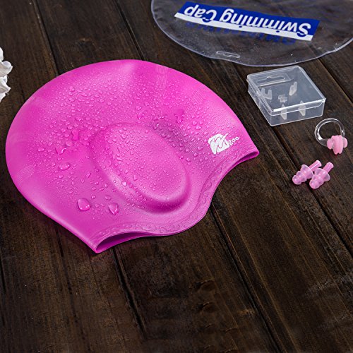 Wigoo Long Hair Swim Cap 2 Pack, 2019 Thicker Design, Waterproof Silicone Swimming Cap for Adult Woman and Men(Black+Pink) - Thumbnail 4