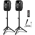 Moukey PA System, 8 Inch DJ Speakers 800W Peak with Rechargeable Battery, Bluetooth 5.0, Active & Passive Powered PA Speakers with USB/TF/FM/AUX/Mic Inputs, 2 Tripod Stands, Wired Mic, Remote