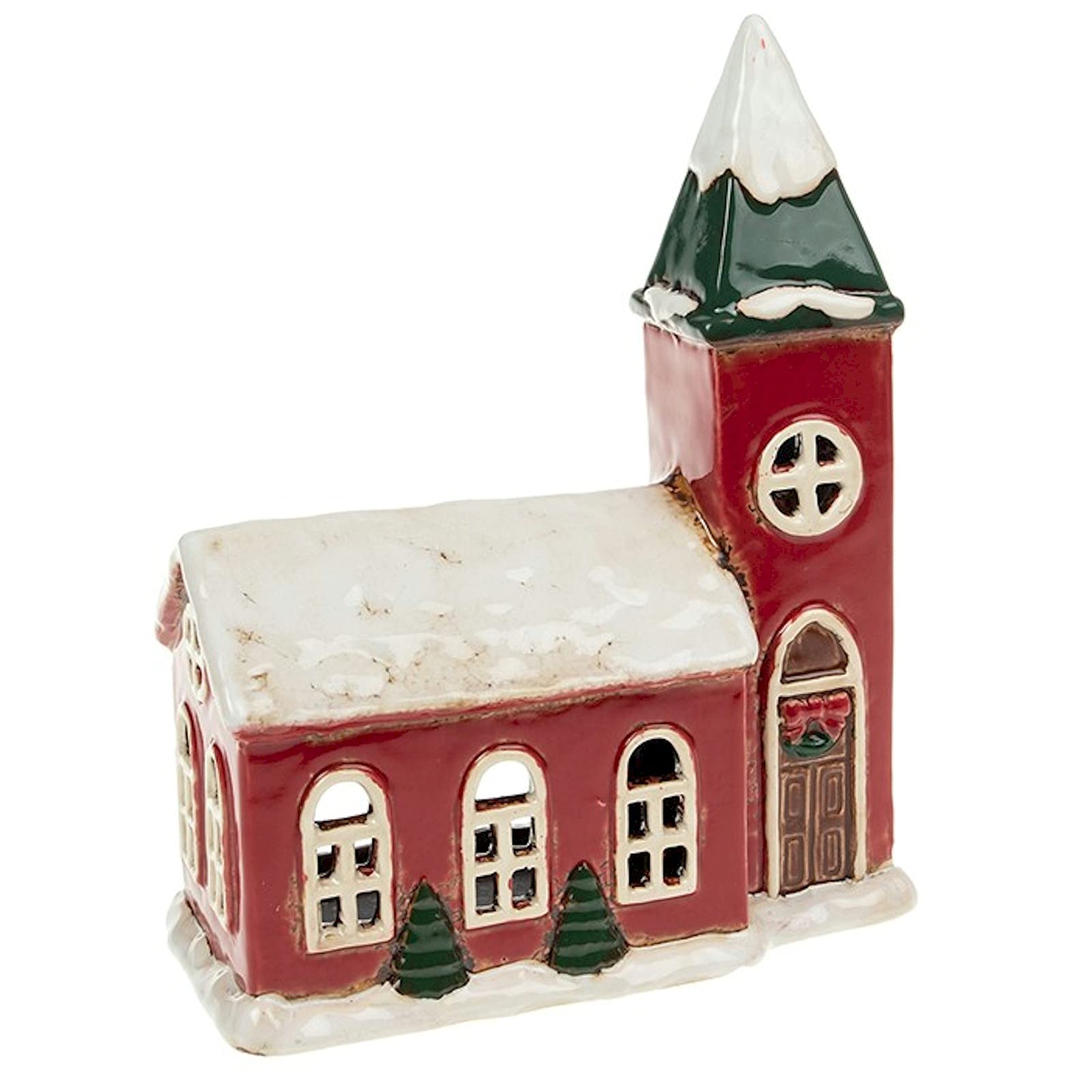 Village Pottery Snowy Christmas Church Tealight Holder, Red