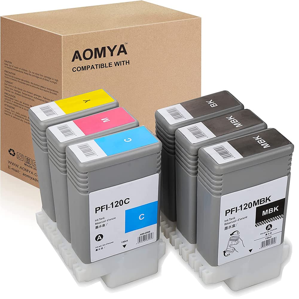Aomya PFI-120 Refill Ink Cartridge Full Ink With Permanent Chips For Canon imagePROGRAF iPF TM-Series TM200 TM-205 TM-300 TM-305 PFI-120MBK PFI-120BK PFI-120C PFI-120M PFI-120Y 130ml 6PCS/Set