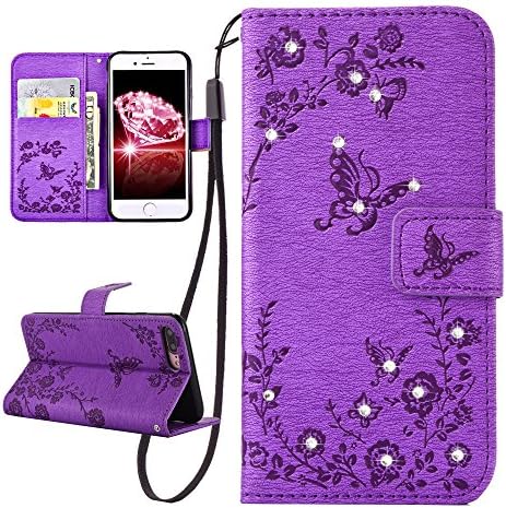 Iphone 7 plus case,Primium Bling Rhinestone [Card Slot][ Kickstand] Pu Leather Wallet Case with 3d Embossed Butterfly Floral Flip Protective Case for Iphone 7 Plus 5.5 inch (Purple)