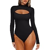 REORIA Women's Mock Neck Cutout Front Bodysuit Trendy Going Out Long Sleeve Body Suits Tops Fall Outfits 2025