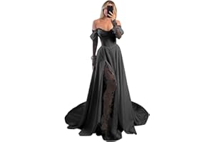 wayfor Off Shoulder Satin Wedding Dresses Lace Long Sleeve Prom Dresses Corset A-Line Ball Gowns with Slit