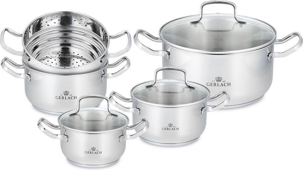 Gerlach 9 Set Simple Cooking Pot Set Stainless Steel 24 cm 9 Units, Silver