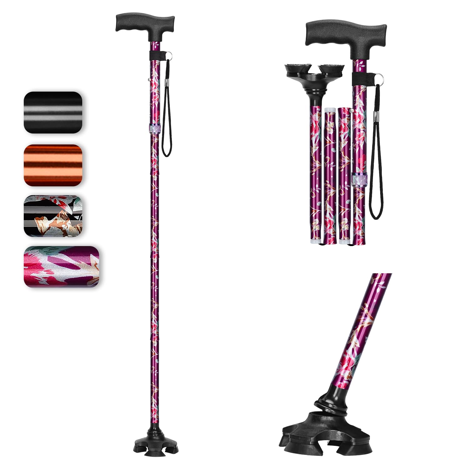 supregear Walking Cane for Men and Women - Foldable, Adjustable, Collapsible, Free Standing Cane with Pivot Tip, Heavy Duty Walking Sticks, Sleek Folding Sticks for Seniors and Adults, Floral Purple