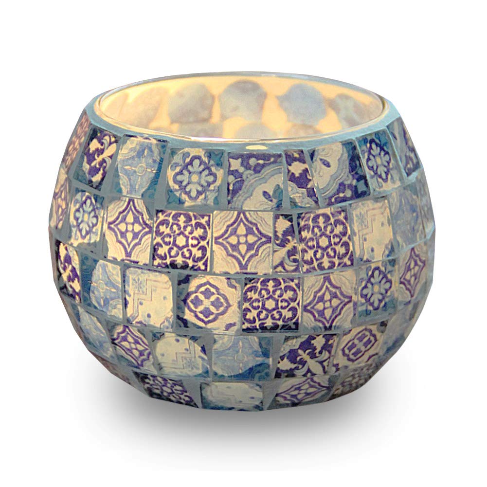 Candle Tea Light Holder, Blue-and-white Pattern Glass Handmade Candle Stands, Mosaic Style Decoration for Party Wedding Birthday Gift