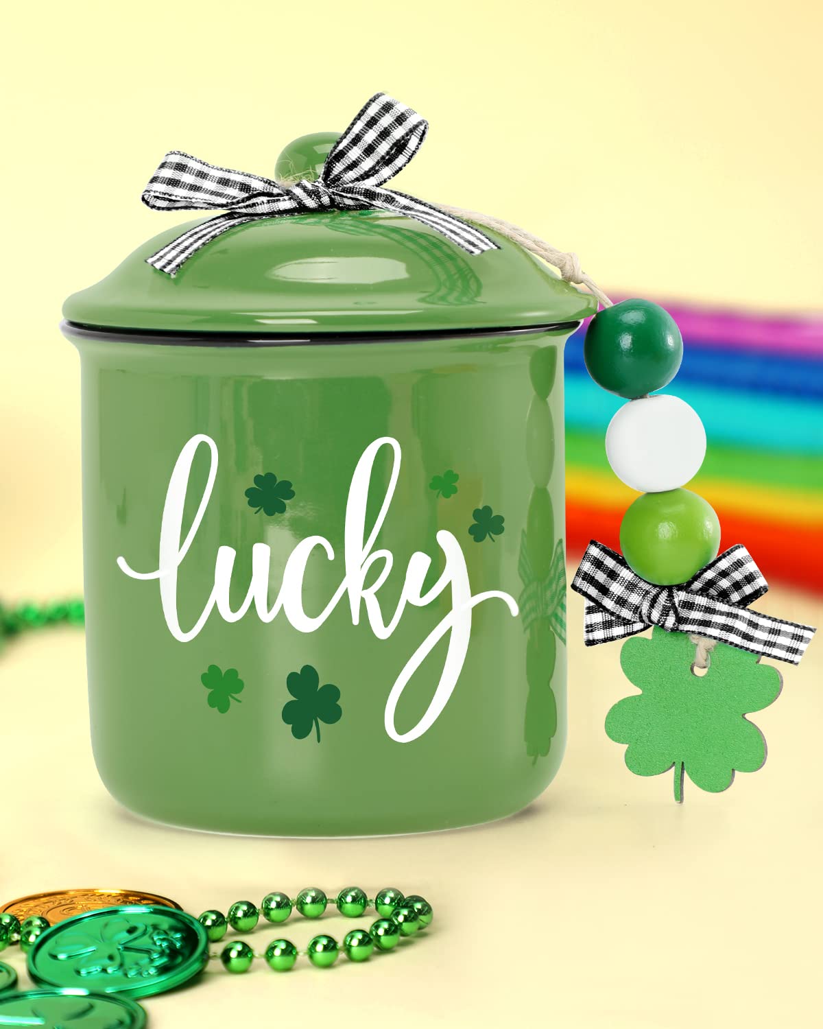 Photo 1 of **PRINT IS UPSIDE DOWN***Nefelibata Irish/St. Patrick's Day Green Ceramic Canister Jar - St. Patrick's Day Decor - Lucky Shamrock Canister - Buffalo Plaid Bowknot - Candy Holder - Table Centerpiece - 4.9" H x 3.7" W