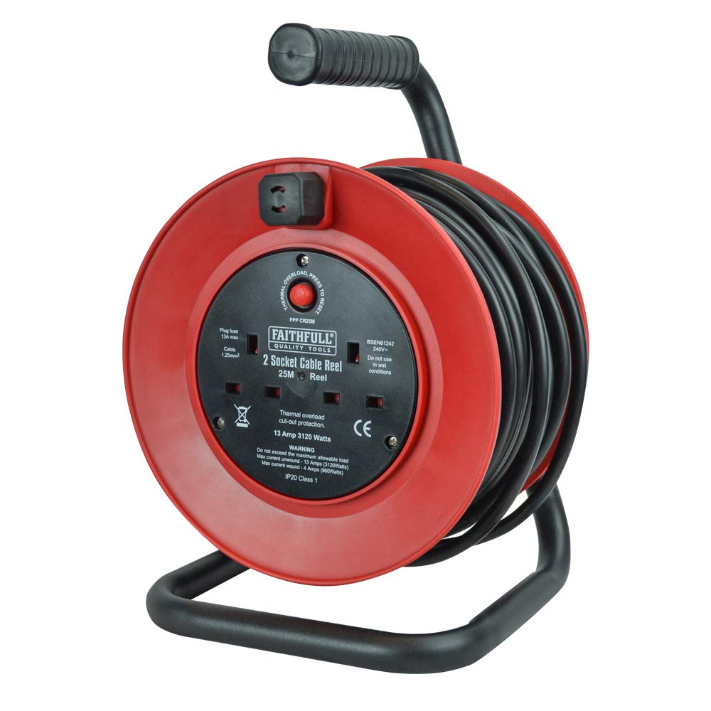 Faithfull FPPCR25M - Cable Reel 13 Amp - 240V, Red, 25 metre
