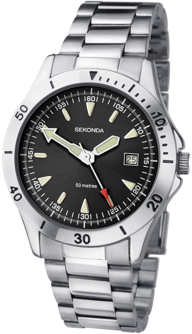 Sekonda Gents Analogue Quartz Watch with Black Dial and Silver Stainless Steel Bracelet 1930