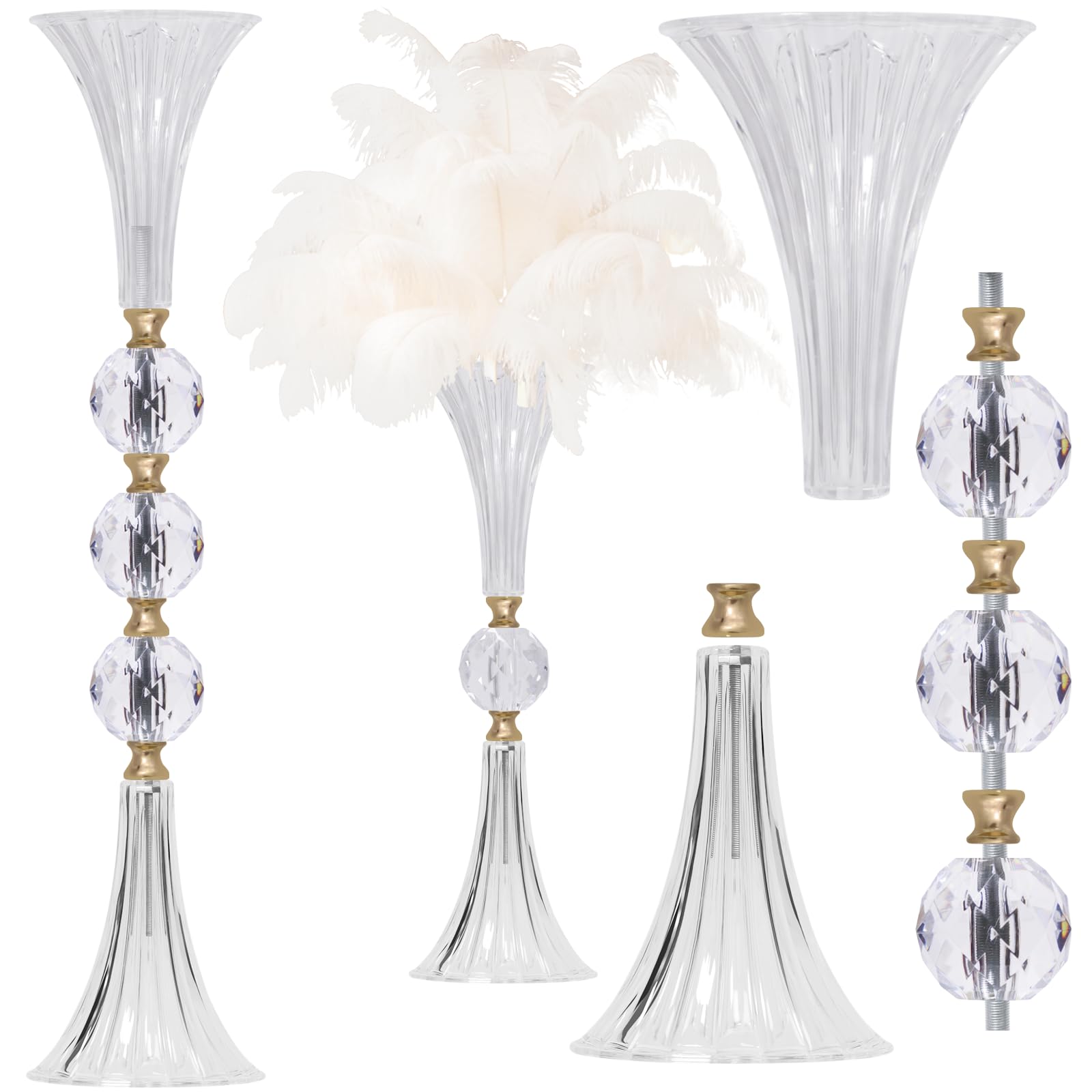 Photo 1 of VIJIV Crystal Acrylic Trumpet Vase for Wedding Centerpieces & Home Decor - 24.8" Clear Flower Stand with Ribbed Texture, Gold Accents, Table/Floor Vase for Events, Bridal Showers & Boho Weddings