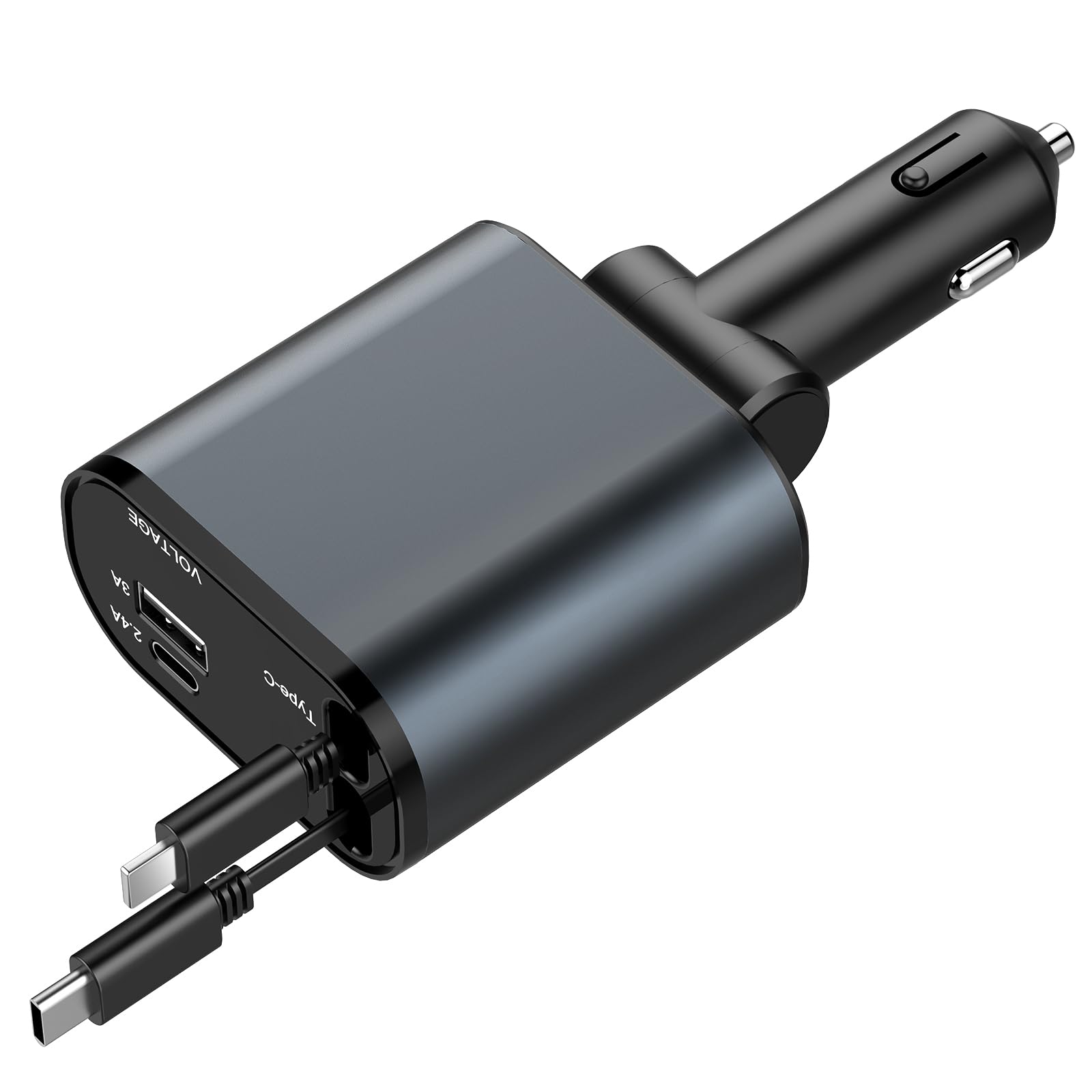 Photo 1 of iYeHo Retractable Car Charger,4 in 1 Fast Charger,Car Adapter with Retractable Cables and Dual USB Ports for Smartphones,Galaxy S23,MacBook Pro,iPad Air,and More