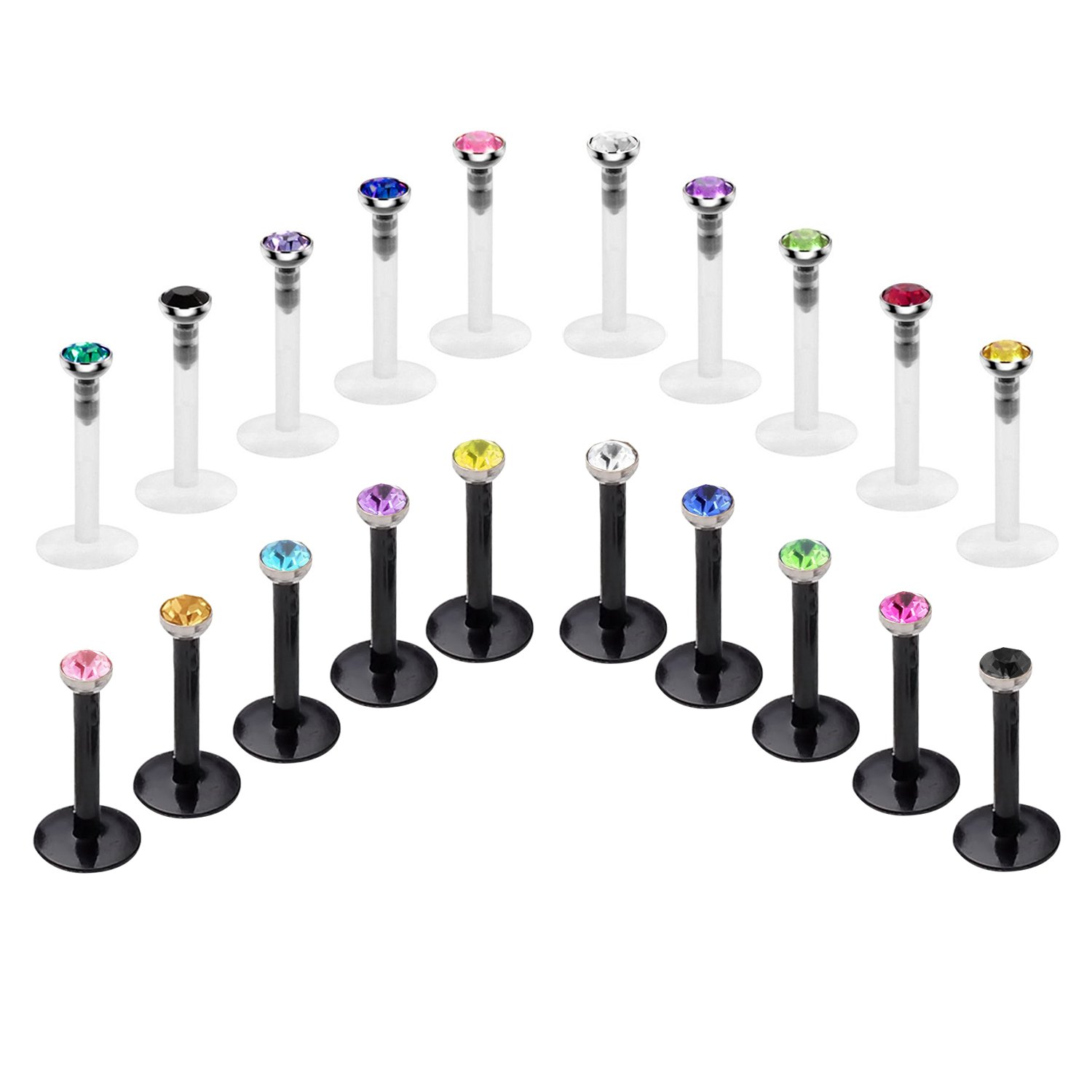 FECTAS 20pcs 16 Gauge Clear Lip Bar Flexible Ear Labret Retainers Stud Piercing Jewellery