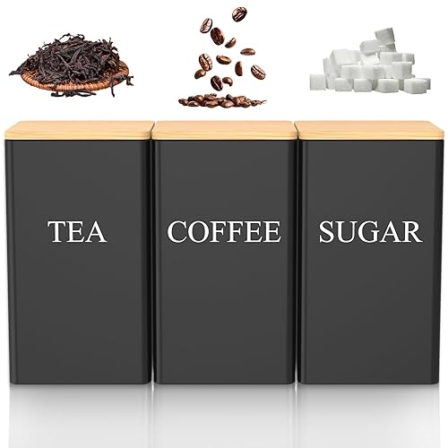 3PCS 1000ml Tea Coffee Sugar Canister Set Metal Square Kitchen Container with Airtight Bamboo Lid Decorative Kitchen Food Storage Tin for Your Favorite Tea, Sugar, Coffee(Black)