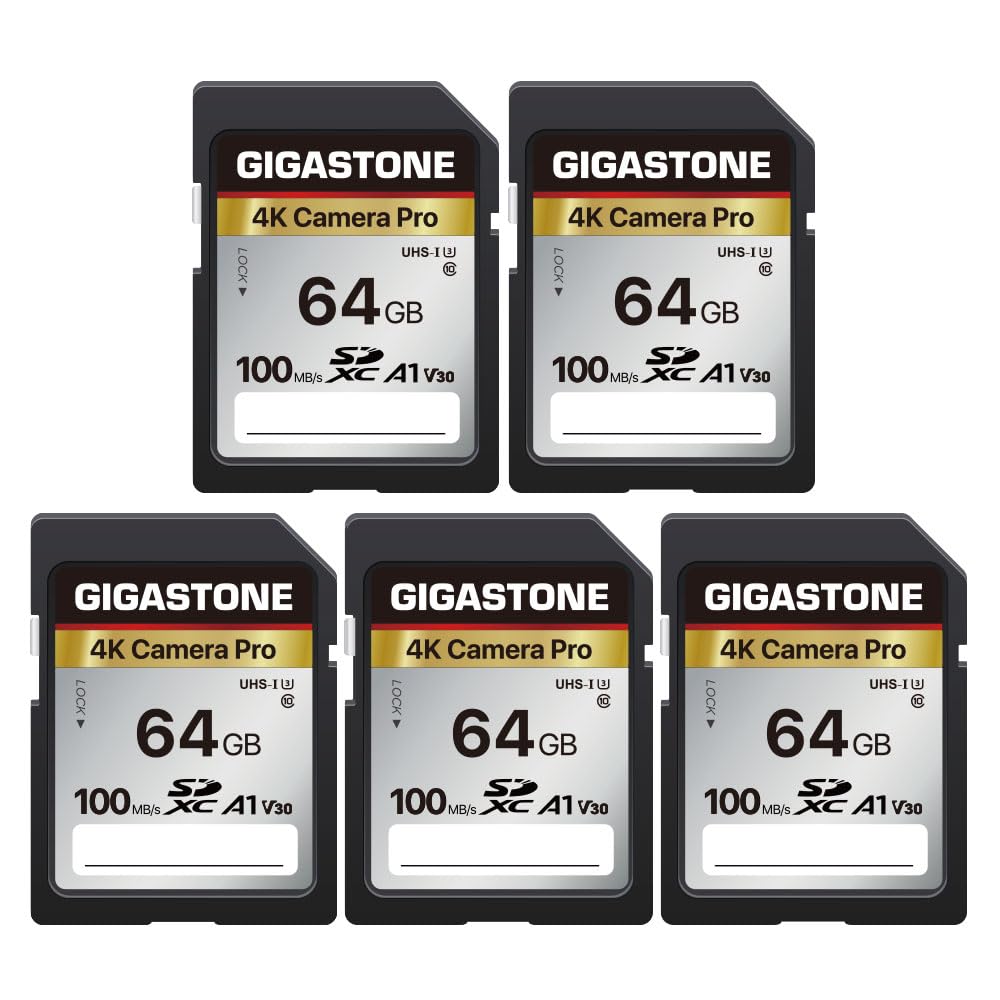 Gigastone 5 Pack SD V30 SDXC High Speed 4K Ultra HD UHD Video Memory Card Compatible with Canon Nikon Sony Pentax Kodak Olympus Panasonic Digital Camera