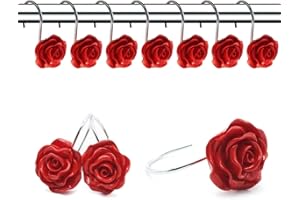 FINROS 12 PCS Home Fashion Decorative Anti Rust Shower Curtain Hooks Rose Design Shower Curtain Rings Hooks (RED)
