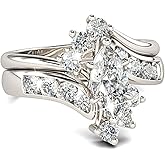 Jeulia Marquise Cut Wedding Set Sterling Silver Bypass Rings with Cubic Zirconia White Diamond Solitaire Engagement Rings Promise Anniversary with Gift Box