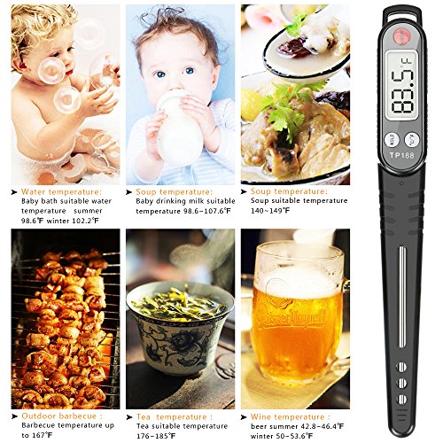 Meat Thermometer, totobay Food Thermometer Instant Read Thermometer Cooking Thermometer with Long Probe for Kitchen Cooking BBQ Grill Smoker Meat Fry Food Milk Yogurt (Black)