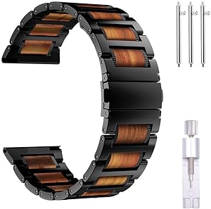 iiteeology Compatible with Samsung Galaxy Watch 46mm Band, Gear S3 Band, Natural Wooden Red Sandalwood Stainless Steel Link Bracelet Band for Samsung Gear S3 Classic/Frontier (Black)