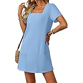 AlvaQ Womens Solid Color Casual Summer Square Neck Short Sleeve Mini Dresses with Pockets