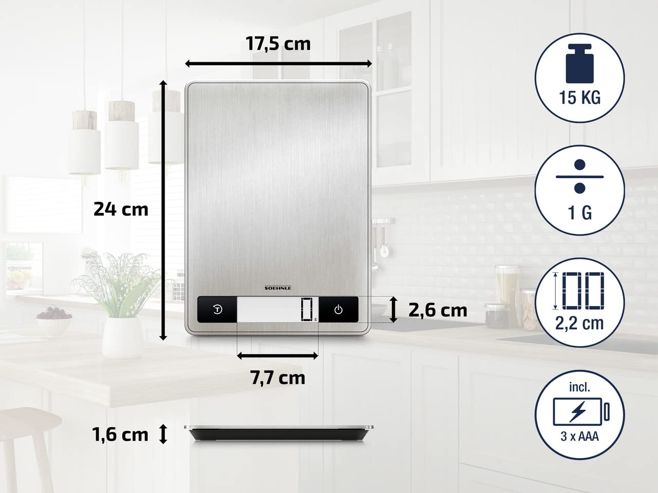 Soehnle Page Electronic Professional Digital Household Kitchen Scales Silver Weight up to 15 kg with 1 g Accuracy Scales with Patented Sensor Touch Function incl. Batteries