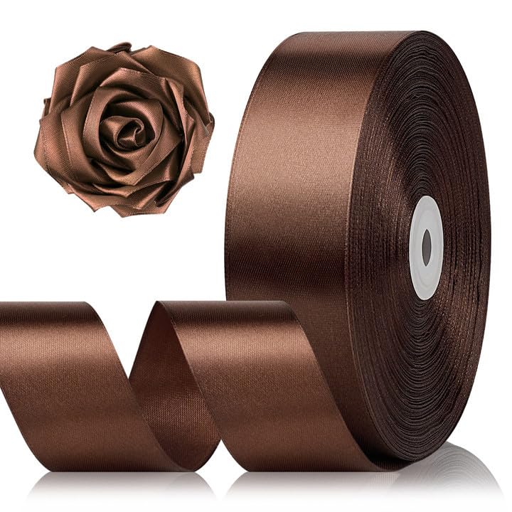 Photo 1 of 1-1/2 Inch 100 Yards Brown Satin Ribbon, Solid Fabric Ribbon Roll for Flower Bouquet, Gift Wrapping, Roses Making, Handmade Crafts