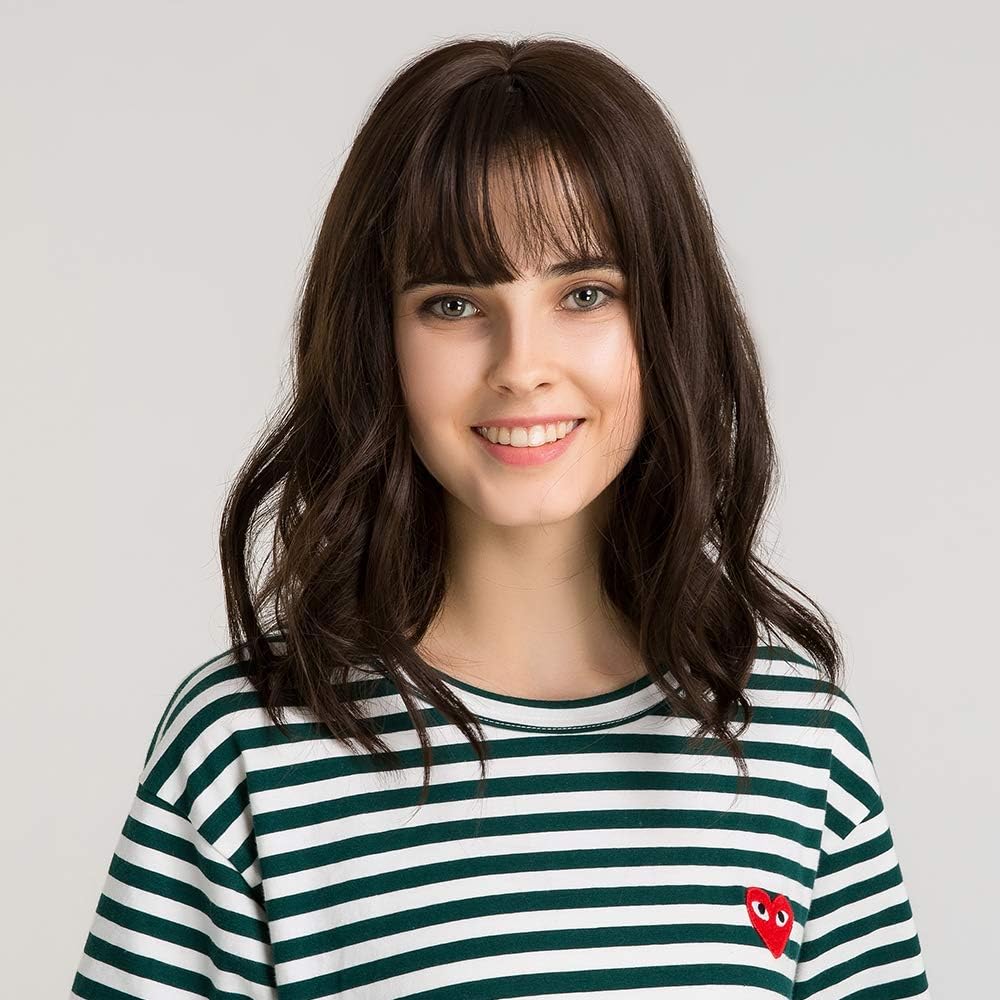 14"Long Wave Women Synthetic Wigs Dark Brown with Bangs Fake Scalp Natural Daily Party Use