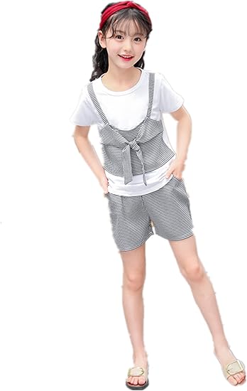 Amazon 女の子 韓国子供服 新品 夏着 ２点セット 半袖 Tシャツ ショートパンツ 可愛い お洒落 チェック 上下 セットアップ お嬢様風 個性 ２点セット レジャー パンツセット おしゃれ かわいい 発表会 入学式 グレー 150 パンツ 通販