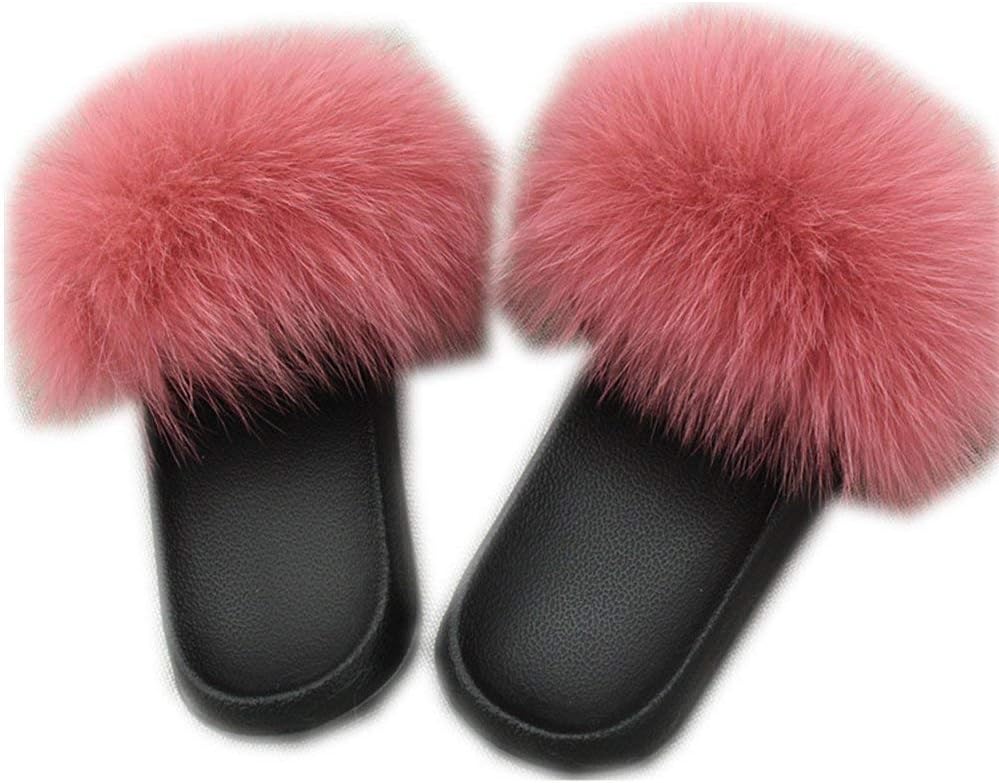 Gegefur Women's Fur Slipper Feather Leather Fur Slides Outdoor Sandals