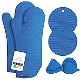 Rorecay 6pcs Oven Mitts and Pot Holders Sets for Kitchen, Extra Long Non-Slip Silicone Oven Gloves Heat Resistant 500 Degrees Potholders Hot Pads for Baking Cooking, Quilted Liner, RoyalBlue