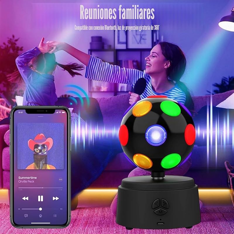 Bola de discoteca giratoria de 360 grados con LED multicolor, luz de discoteca 3D, compatible con conexión Bluetooth, alta compatibilidad, efecto de sonido envolvente estéreo