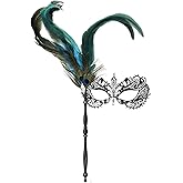 Thmyo Venetian Halloween Mardi Gras Party Mask with Holding Stick, Carnival Handheld Metal Feather Rhinestone Masquerade Mask