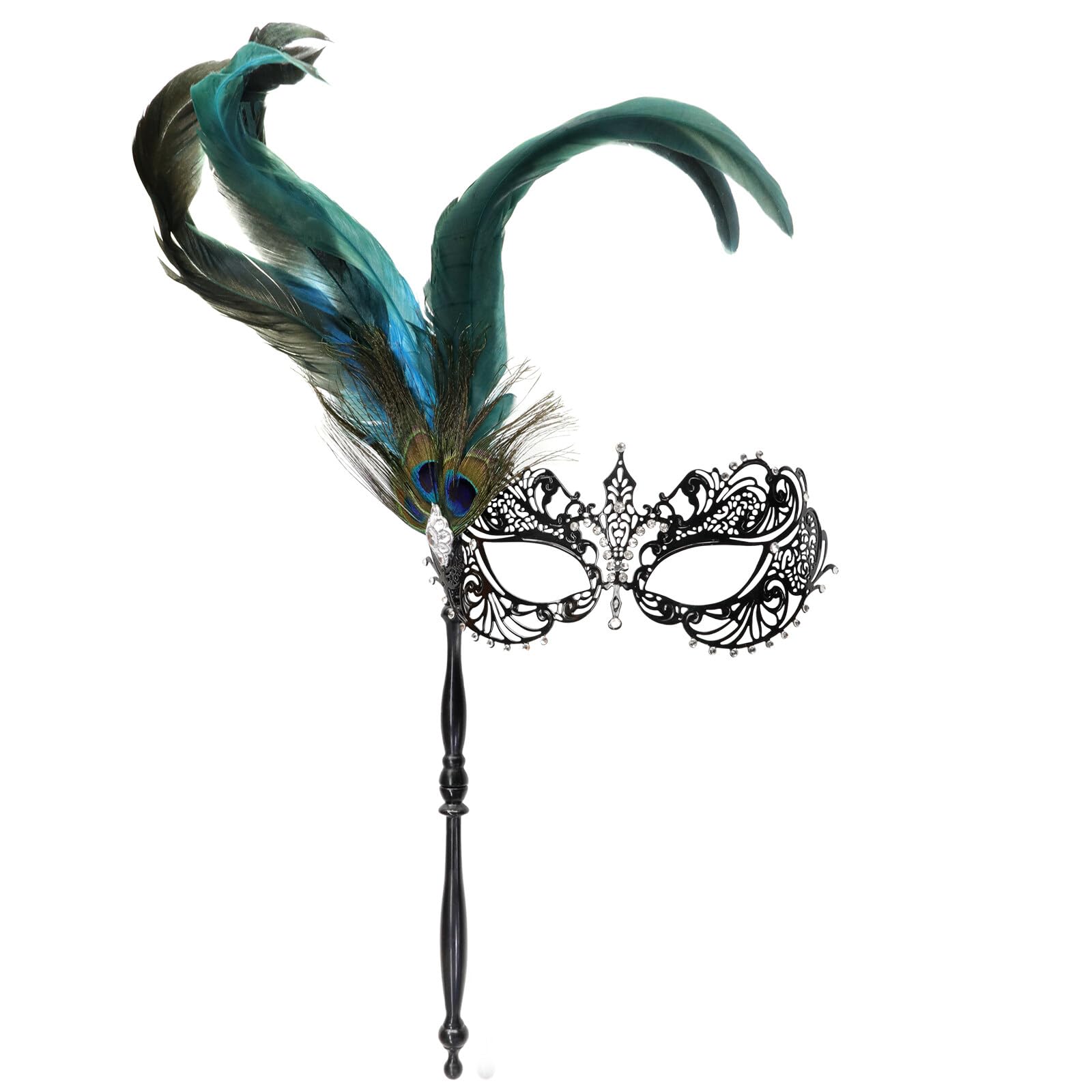 Thmyo Rhinestone Feathers Venetian Halloween Costume Mask with Holding Stick, Venetian Carnival Feather Metal Masquerade Mask for Women