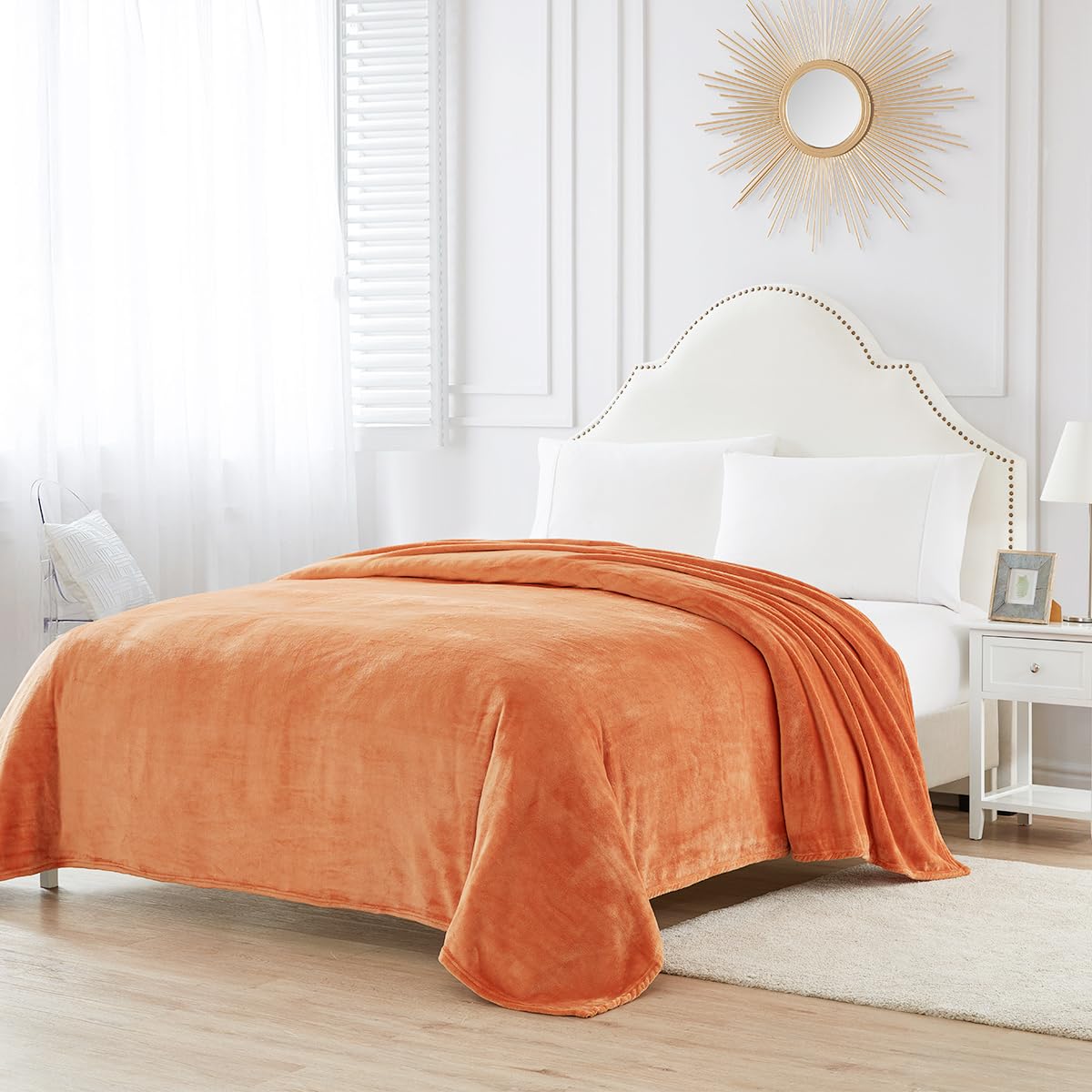 BOURINA Flannel Blanket Throw Lightweight Cozy Plush Microfiber Solid Fleece Blanket,Throw (Orange, 270x230cm)