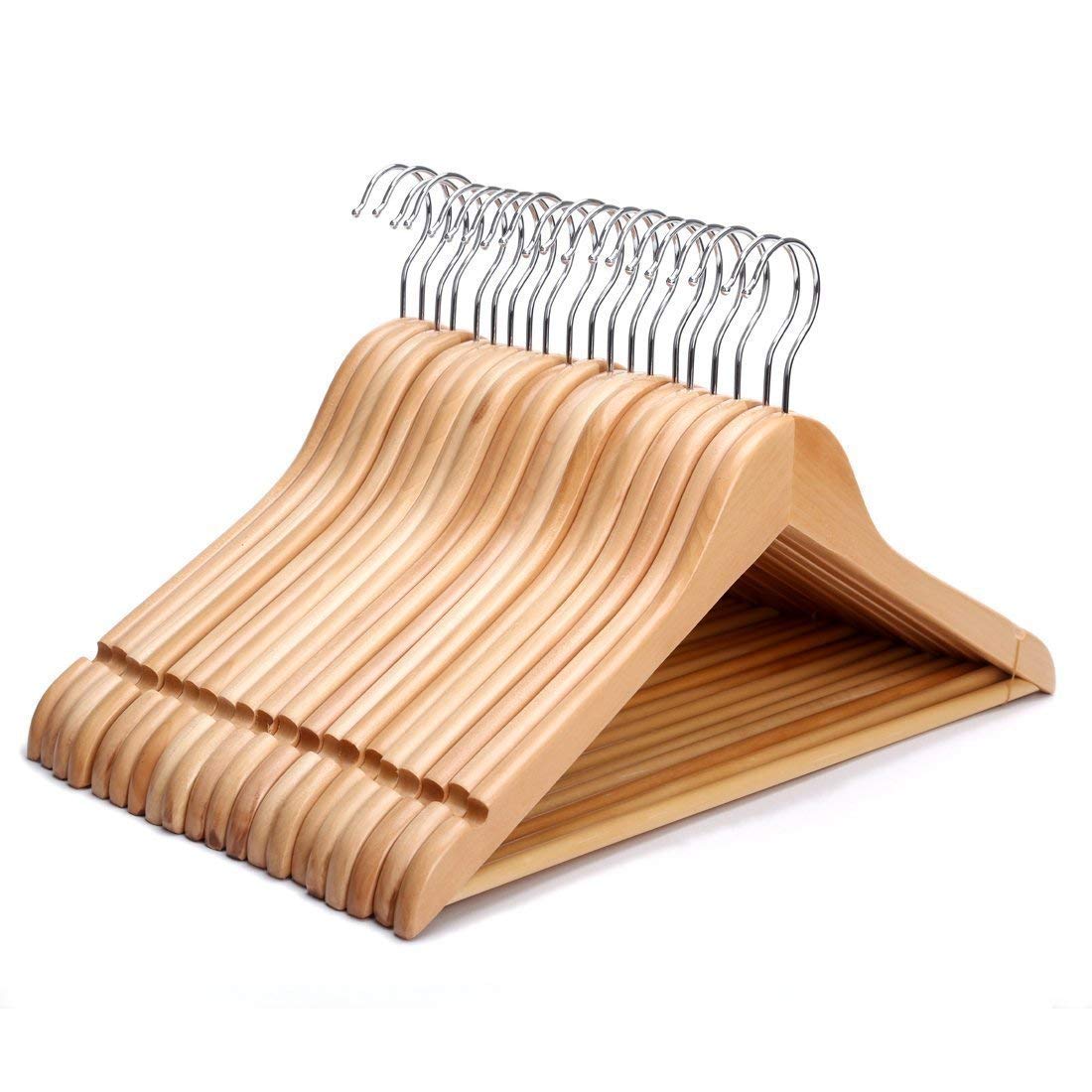 JPN 20 Pack Premium Strong Wooden Coat Hangers with Round Trouser Bar and Shoulder Notches Ideal For Suits, Trousers, Skirts, Shirts and Blouses Natural Finish