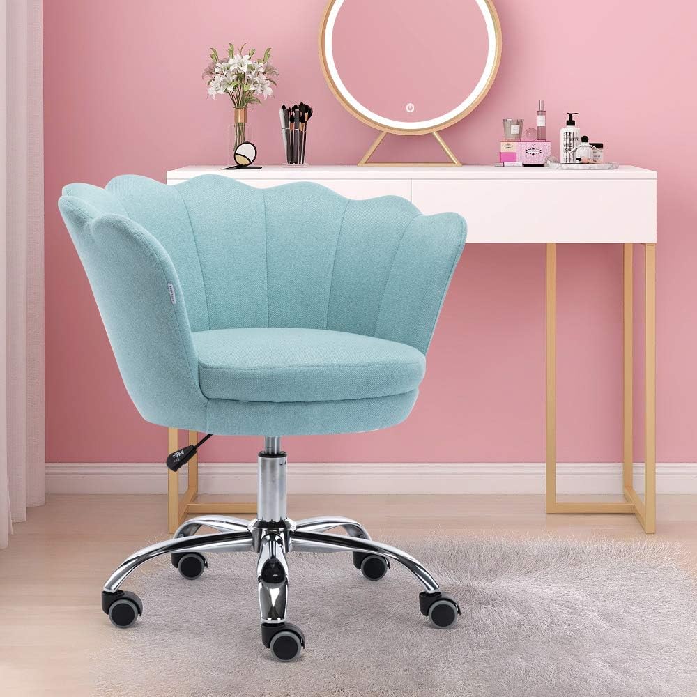 Goujxcy Desk Chair,Modern Linen Fabric Office Chair,360° Swivel Height Adjustable Comfy Upholstered Flower Accent Chair (Mint Green)