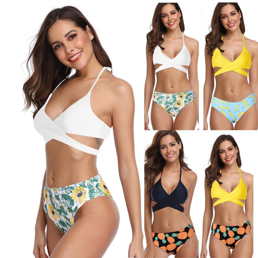 Pinsparkle Women Bathing Suits Floral Halter Neck Bandage Bikini Two Piece Swimsuits Sets Yellow Blue