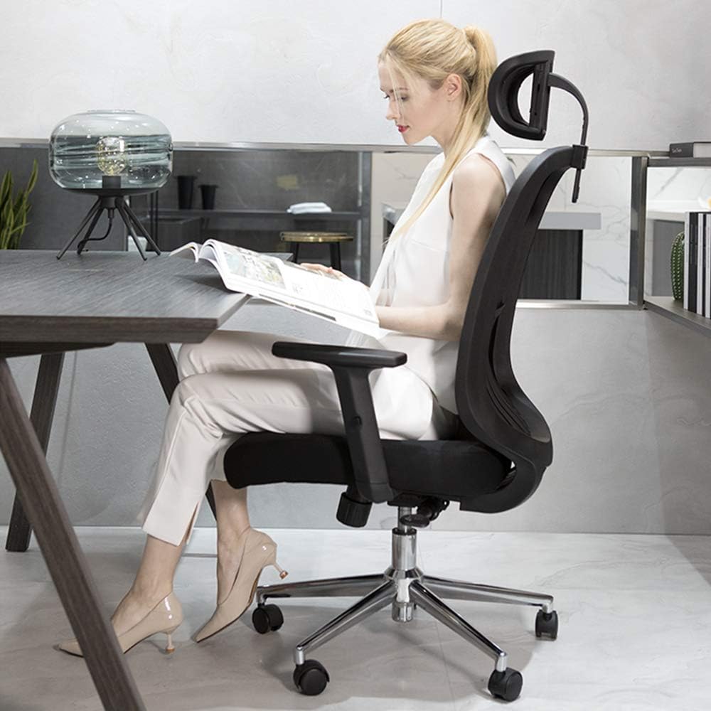 Cedric Office Chair, Breathable Mesh Computer Chair with Ergonomic Lumbar Support, Black Swivel Desk Chair with Adjustable Armrest, Headrest, Soft Cushion Seat: Furniture & Decor