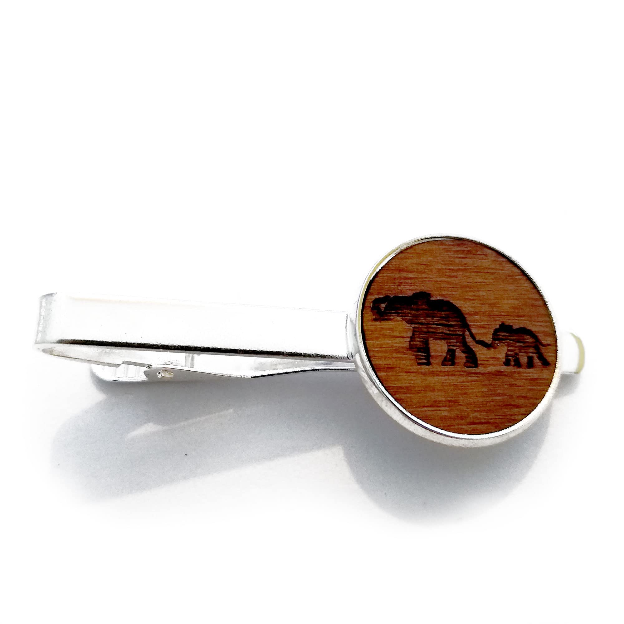 Elephant with Baby Tie Clip, Wooden Tie Bar, Mens Necktie Clasp Clip Clamp Pin, Engraved 5th Anniversary Wedding Present, Gift for Dad, Groomsmen, Usher, Birthday, With Gift Box