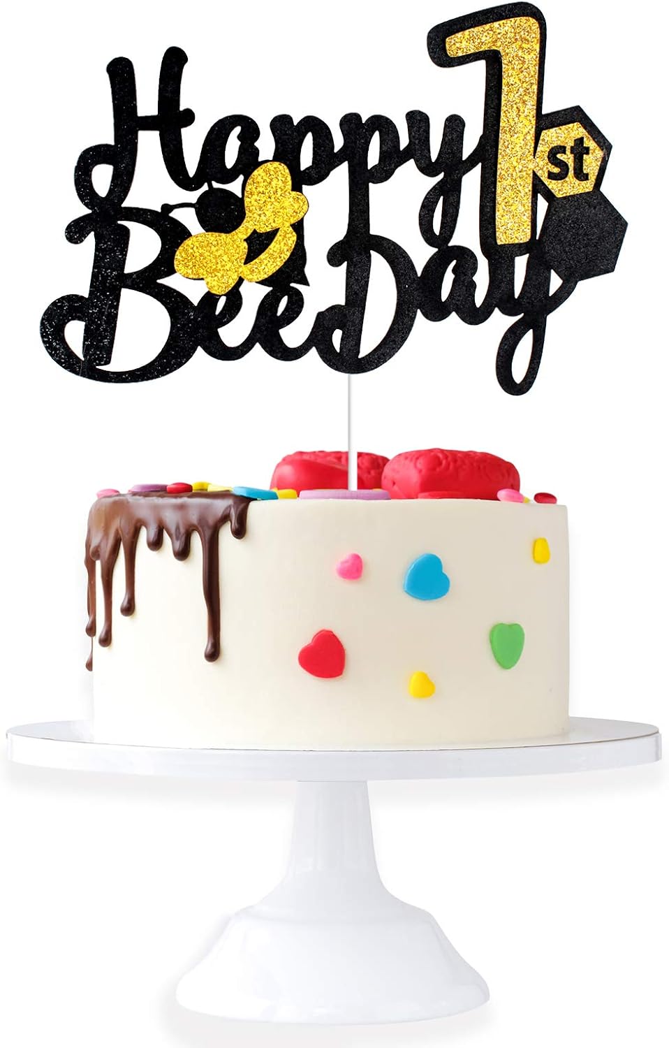 Happy 1st Bee Day Birthday Cake Topper - Wild One Gold Glitter Cake Décor - Spring Holidays Bumble Honey Bee Honeycomb Baby's First Barthday Party Decorations