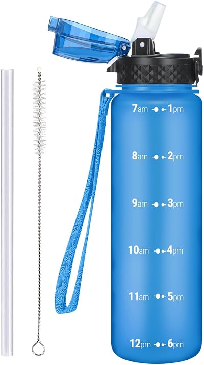OLDLEY 1L Sports Water Bottle with Straw Time Markings Leakproof BPA Free