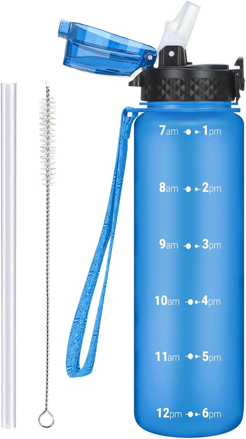 OLDLEY 1L Sports Water Bottle with Straw Time Markings Leakproof BPA Free