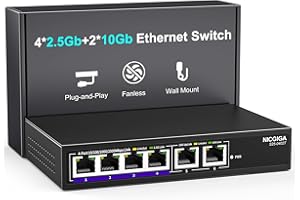10Gbe Ethernet Switch Unmanaged with 2 x 10Gb RJ45 Ports ➕ 4 x 2.5Gb Base-T Ports, Desktop/Wall Mount NICGIGA 6 Port 10Gbps N